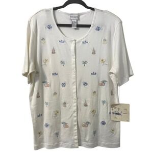 VTG Napa Valley Womens Top L Button Front Embroidered‎ Floral Palm Tree Vacation